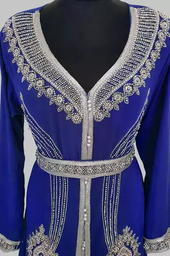 Royal Blue Silver stone and  Beads  Moroccan Kaftan With hijab 