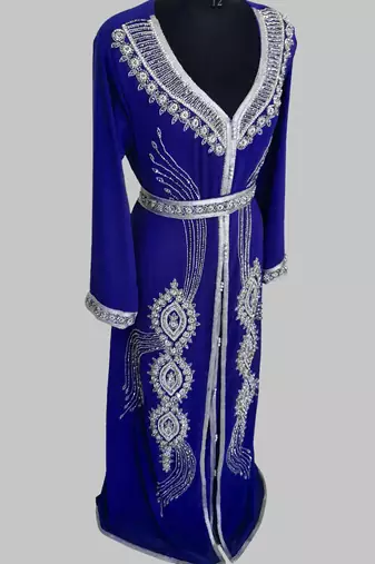 Royal Blue Silver stone and  Beads  Moroccan Kaftan With hijab 