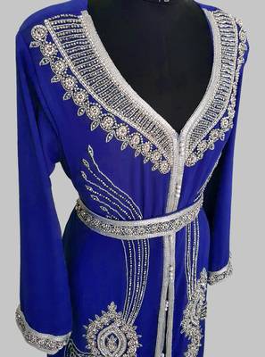 Royal Blue Silver stone and  Beads  Moroccan Kaftan With hijab  4