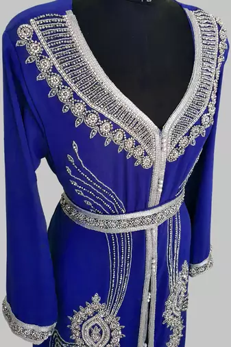 Royal Blue Silver stone and  Beads  Moroccan Kaftan With hijab 