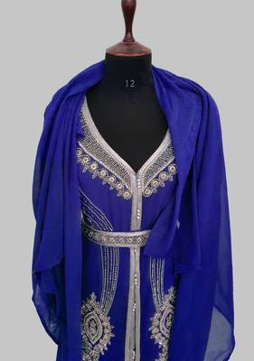 Royal Blue Silver stone and  Beads  Moroccan Kaftan With hijab  5