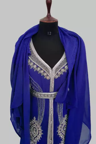Royal Blue Silver stone and  Beads  Moroccan Kaftan With hijab 