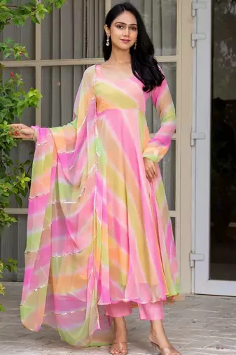Multi printed chinnon lehriya anarkali and pant and dupatta