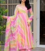 Multi printed chinnon lehriya anarkali and pant and dupatta