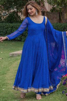 Blue georgette bhandhini print lace work anarkali and pant and dupatta set 1