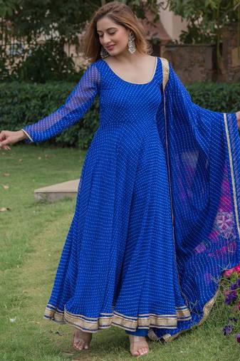 Blue georgette bhandhini print lace work anarkali and pant and dupatta set