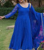 Blue georgette bhandhini print lace work anarkali and pant and dupatta set