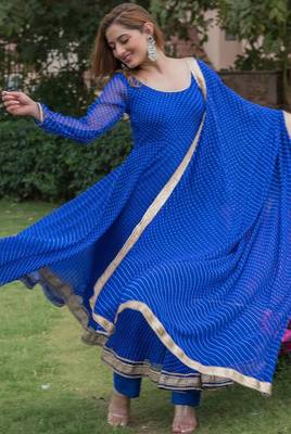 Blue georgette bhandhini print lace work anarkali and pant and dupatta set 2