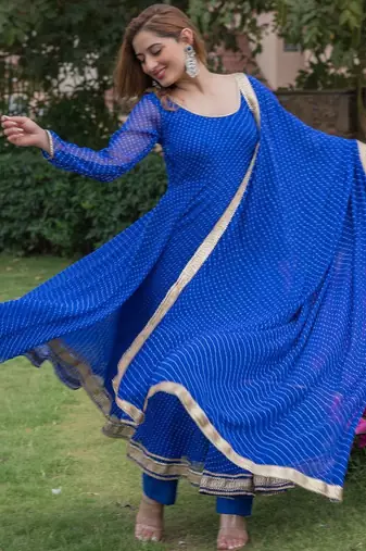 Blue georgette bhandhini print lace work anarkali and pant and dupatta set