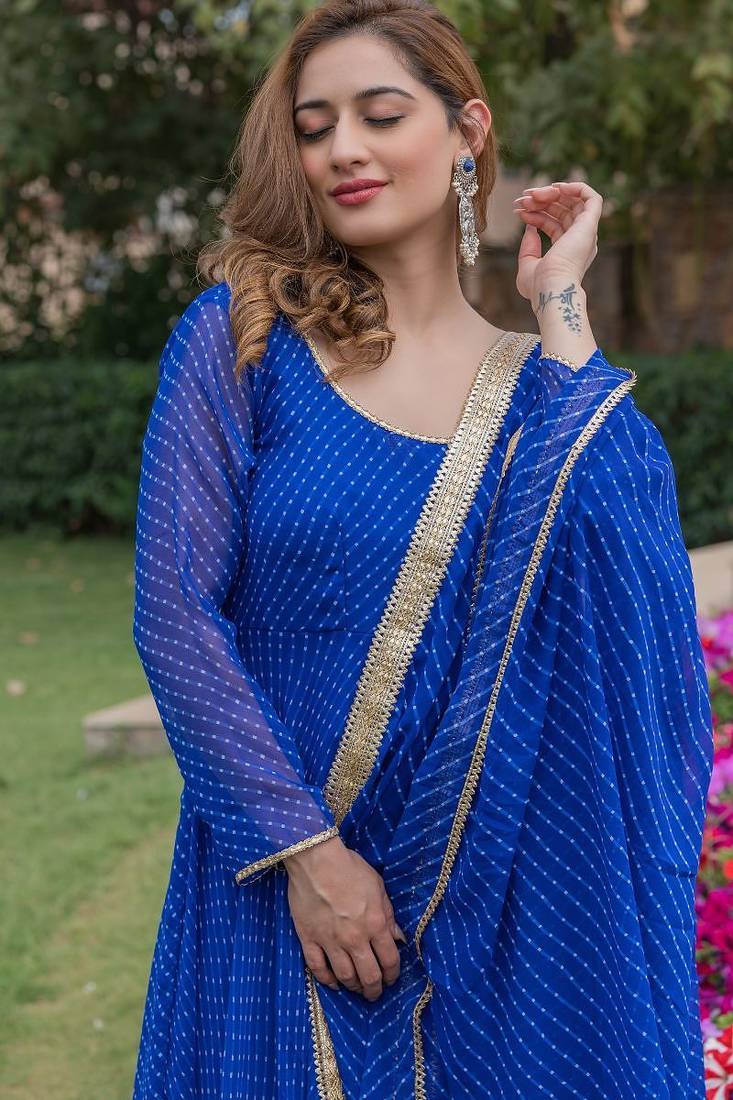 Blue georgette bhandhini print lace work anarkali and pant and dupatta set