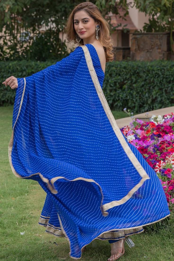 Blue georgette bhandhini print lace work anarkali and pant and dupatta set