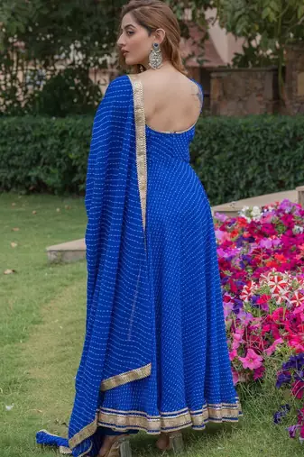 Blue georgette bhandhini print lace work anarkali and pant and dupatta set