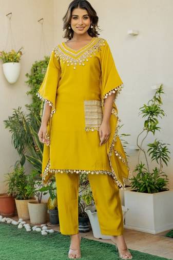 Mustard roman silk mirror work kaftan and pant