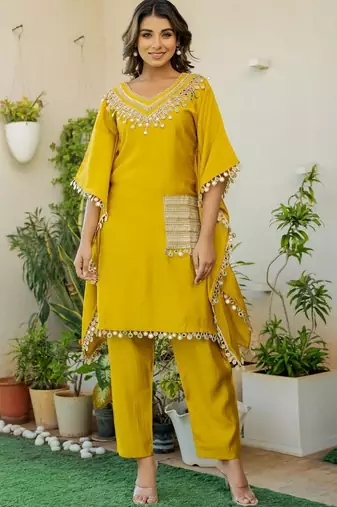 Mustard roman silk mirror work kaftan and pant