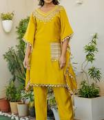 Mustard roman silk mirror work kaftan and pant