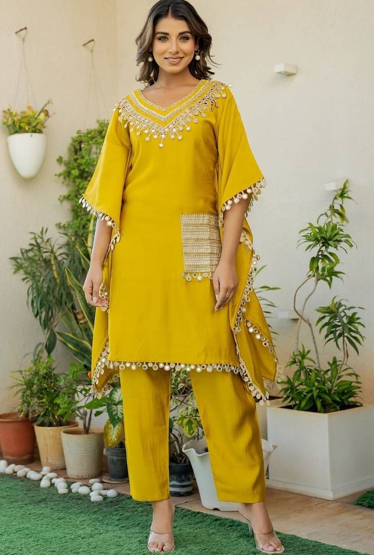 Mustard roman silk mirror work kaftan and pant