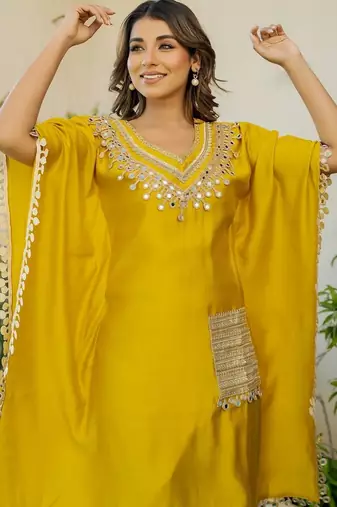 Mustard roman silk mirror work kaftan and pant