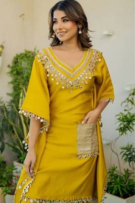 Mustard roman silk mirror work kaftan and pant 3