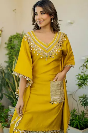 Mustard roman silk mirror work kaftan and pant