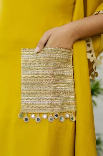 Mustard roman silk mirror work kaftan and pant