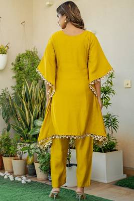Mustard roman silk mirror work kaftan and pant 5