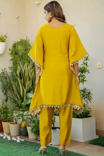 Mustard roman silk mirror work kaftan and pant