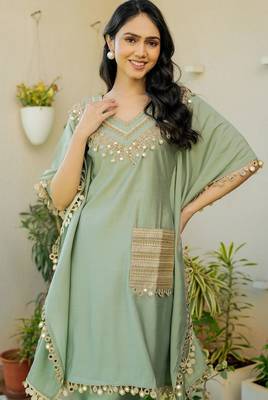 Green roman silk mirror work kaftan and pant 2