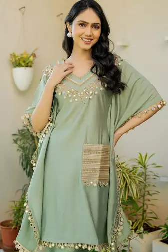 Green roman silk mirror work kaftan and pant