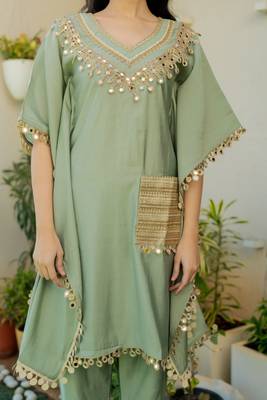 Green roman silk mirror work kaftan and pant 3