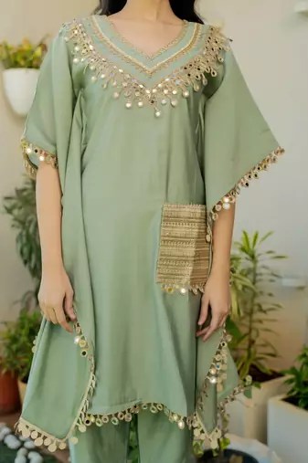 Green roman silk mirror work kaftan and pant