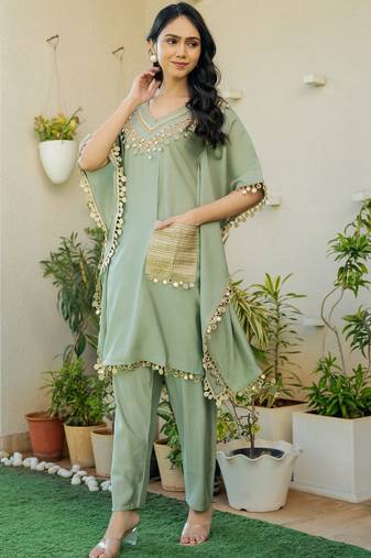 Green roman silk mirror work kaftan and pant