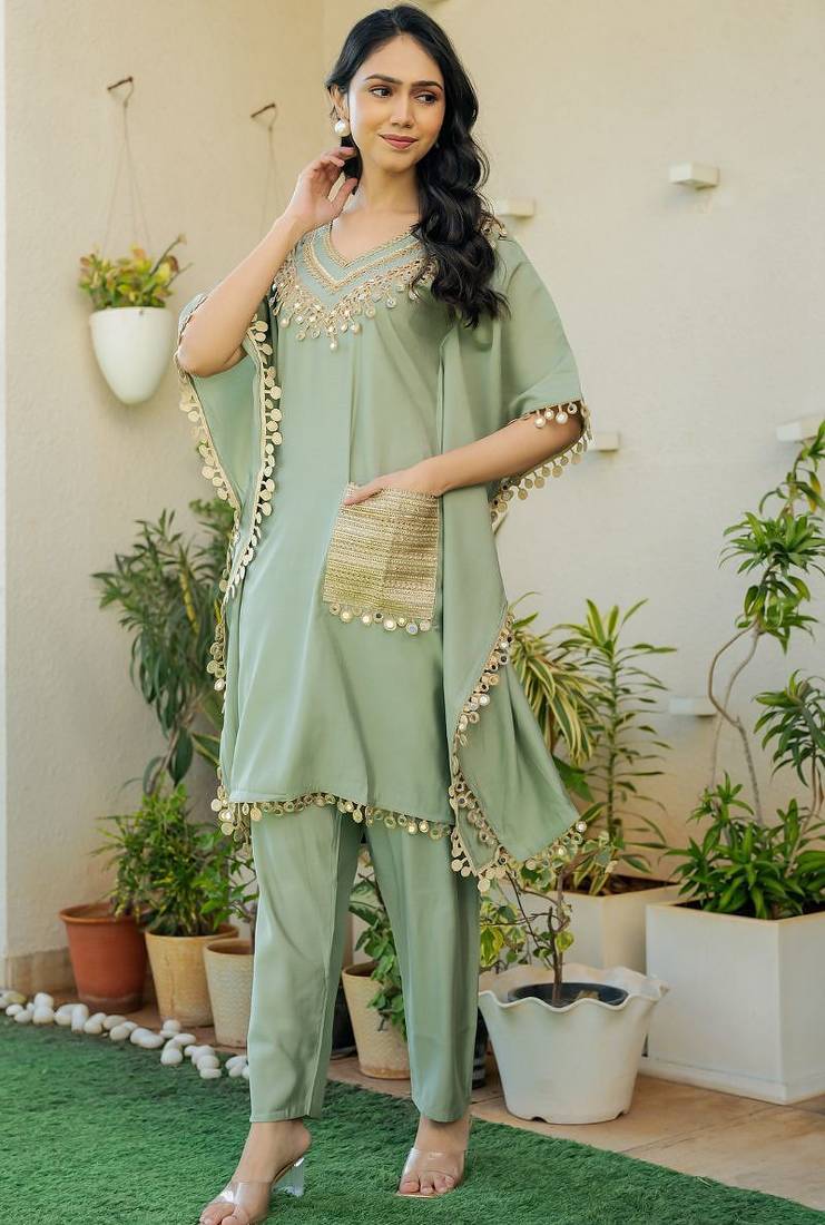 Green roman silk mirror work kaftan and pant