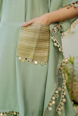 Green roman silk mirror work kaftan and pant 4