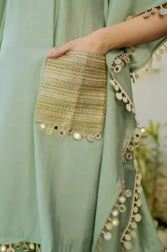 Green roman silk mirror work kaftan and pant
