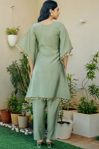 Green roman silk mirror work kaftan and pant