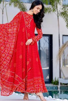 red bandhani print lace work anarkali with pant and dupatta set 1