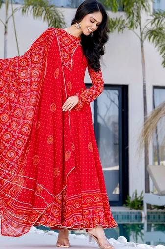 Red bhandhini print lace work anarkali and pant and dupatta