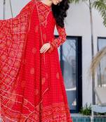 Red bhandhini print lace work anarkali and pant and dupatta