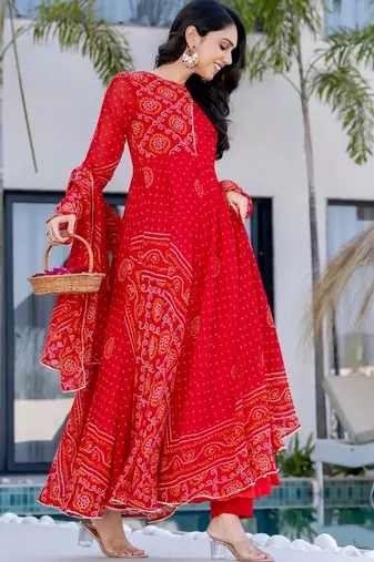 red bandhani print lace work anarkali with pant and dupatta set