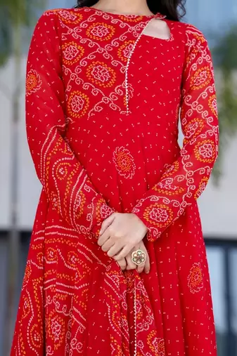 red bandhani print lace work anarkali with pant and dupatta set