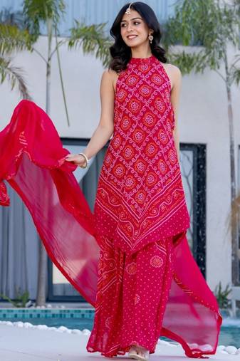 Pink printed bhandhini kurta and sharara and dupatta