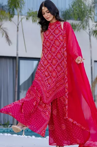 Pink printed bhandhini kurta and sharara and dupatta