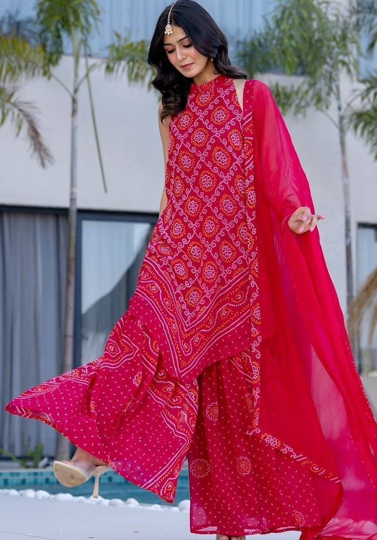 Pink printed bhandhini kurta and sharara and dupatta