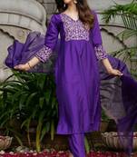 Purple silk embroidered kurta and pant and dupatta