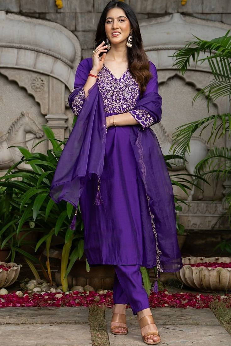 Purple silk embroidered kurta and pant and dupatta