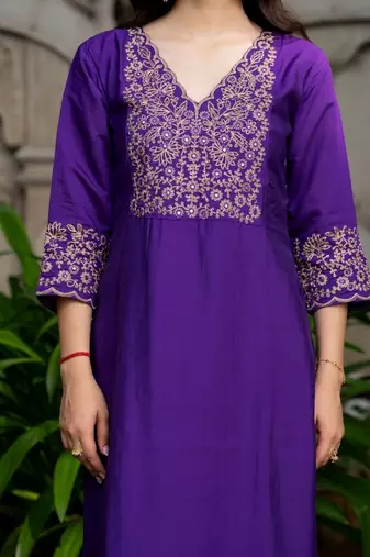 Purple silk embroidered kurta and pant and dupatta