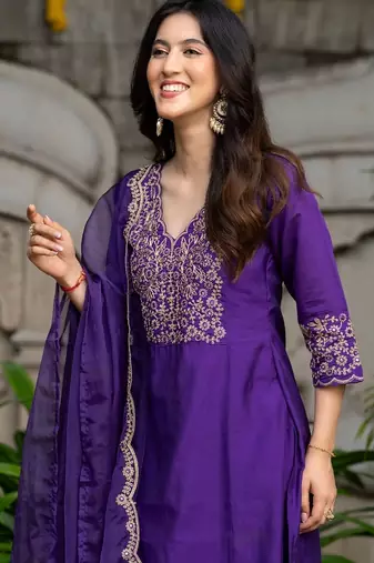 Purple silk embroidered kurta and pant and dupatta