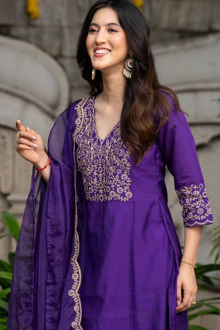Purple silk embroidered kurta and pant and dupatta