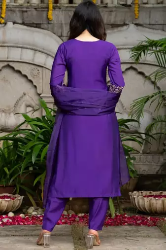 Purple silk embroidered kurta and pant and dupatta