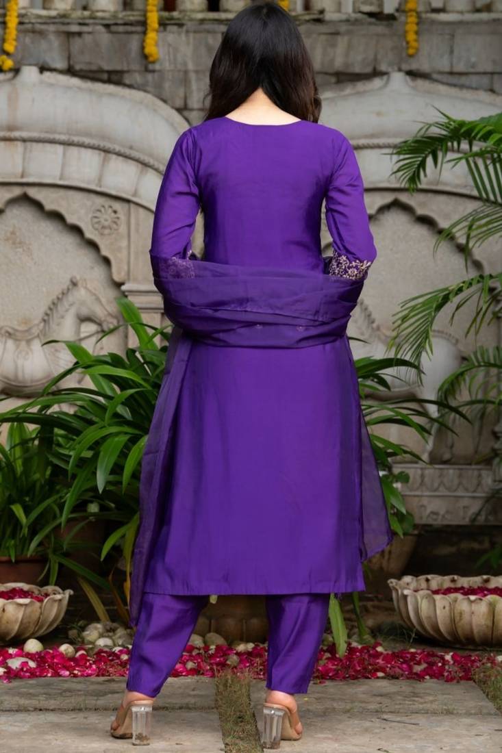 Purple silk embroidered kurta and pant and dupatta